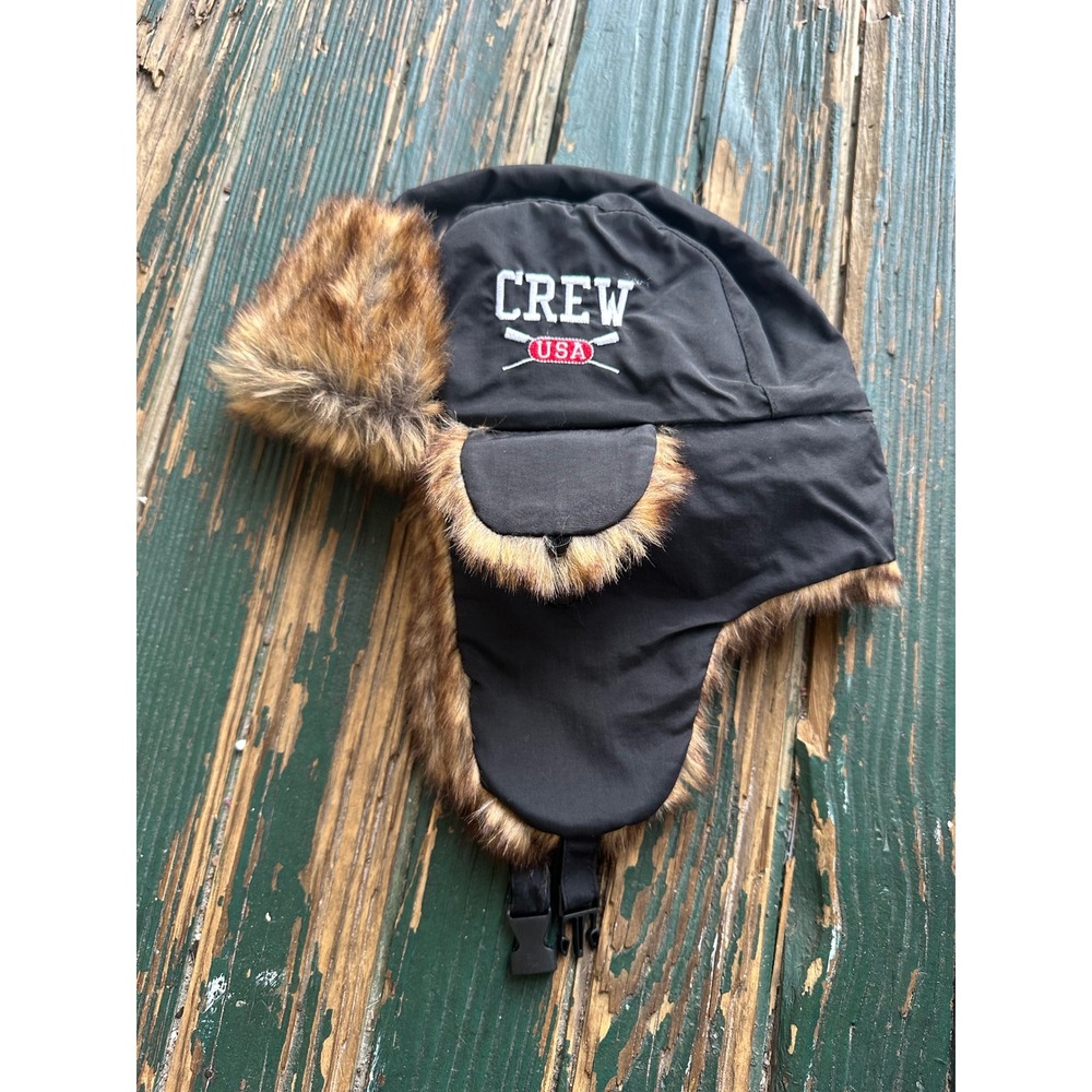 J.Crew USA Crew Trapper Hat Black Faux Fur Ear Flap Winter Bomber Cap Mens